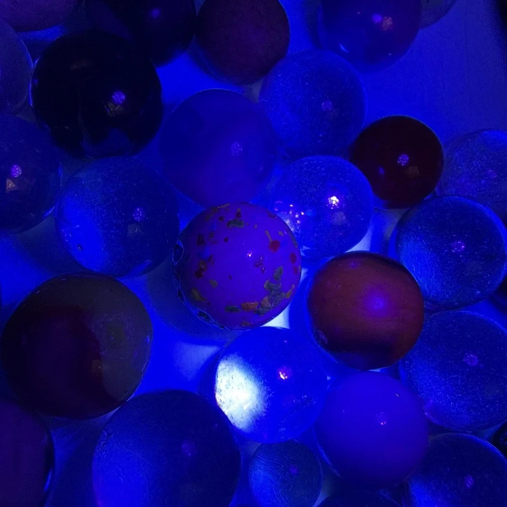 Lot Of Unique Vintage Marbles In Blue Mason Jar Some Glow- See Pics
